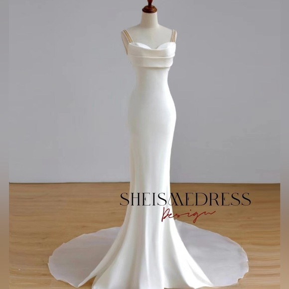 Pearl Embellished Satin Sheath White Dress - Picture 2 of 12